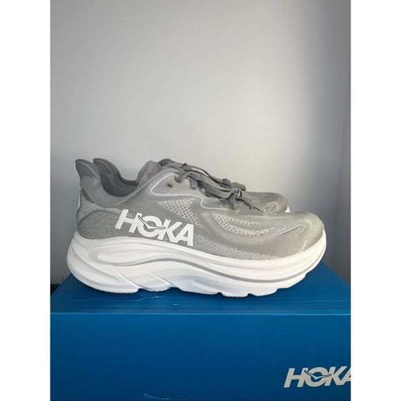 Hoka Clifton 10 Wide Men’s Running Shoes Gray White STLLR Size 8 2E Wide New w/